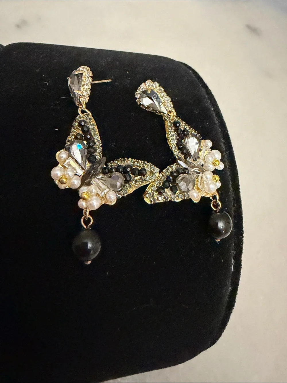 Handcrafted Black Crystal & Pearl Butterfly Drop Earrings